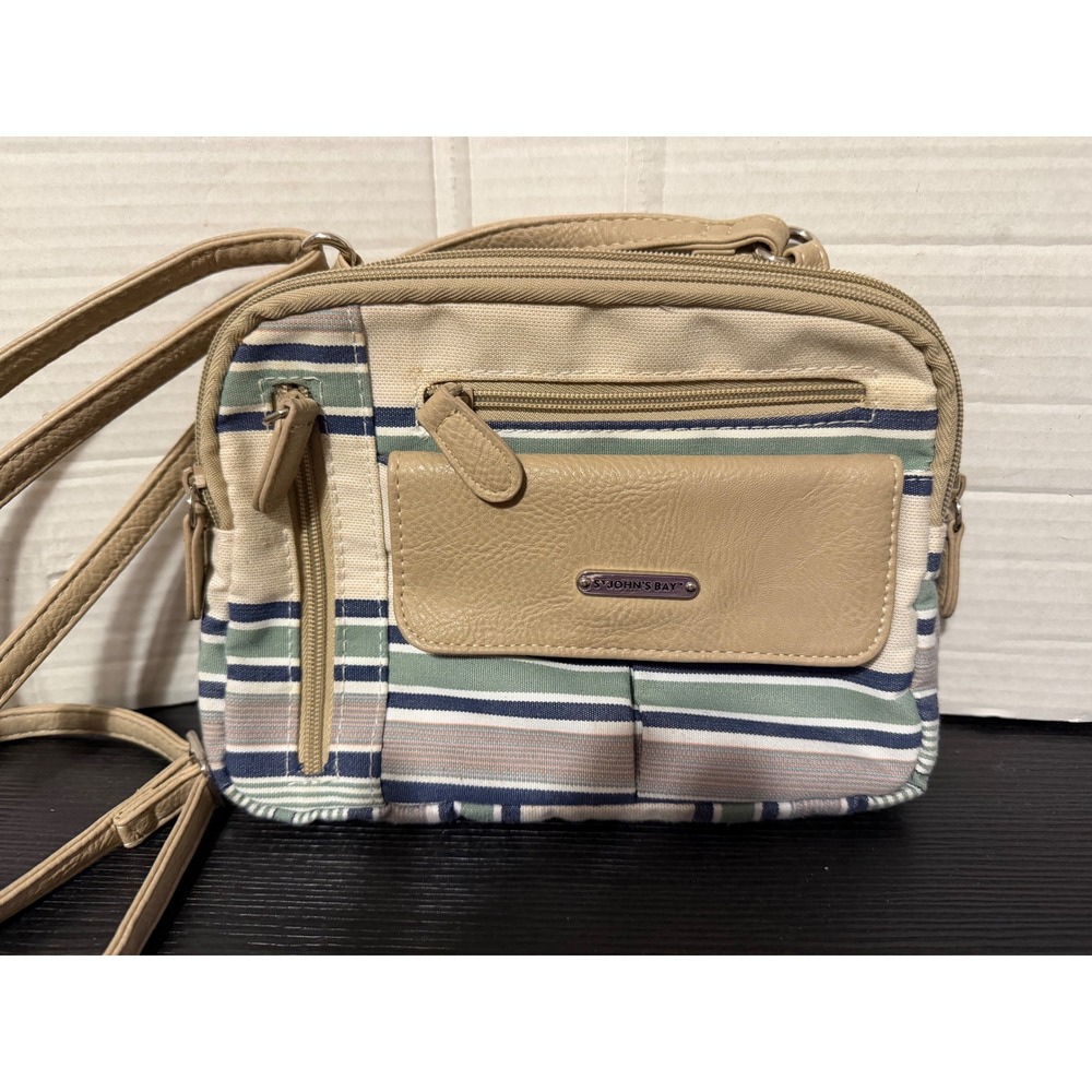St Johns Bay‎ Striped Crossbody Bag Tan Blue Green Tan Adjustable Strap
